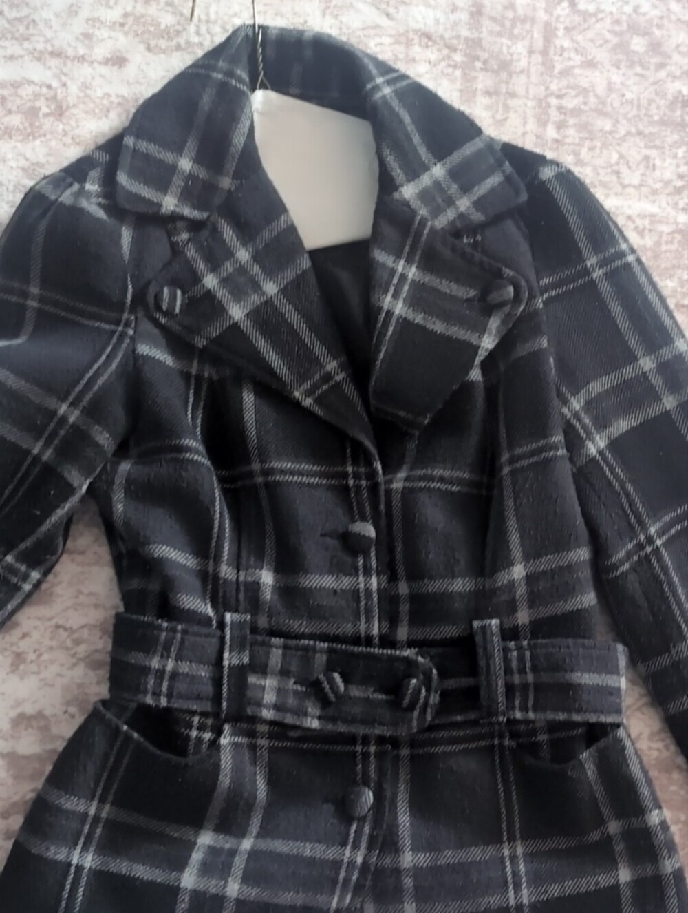 Dynamite Black Plaid Belted Peacoat